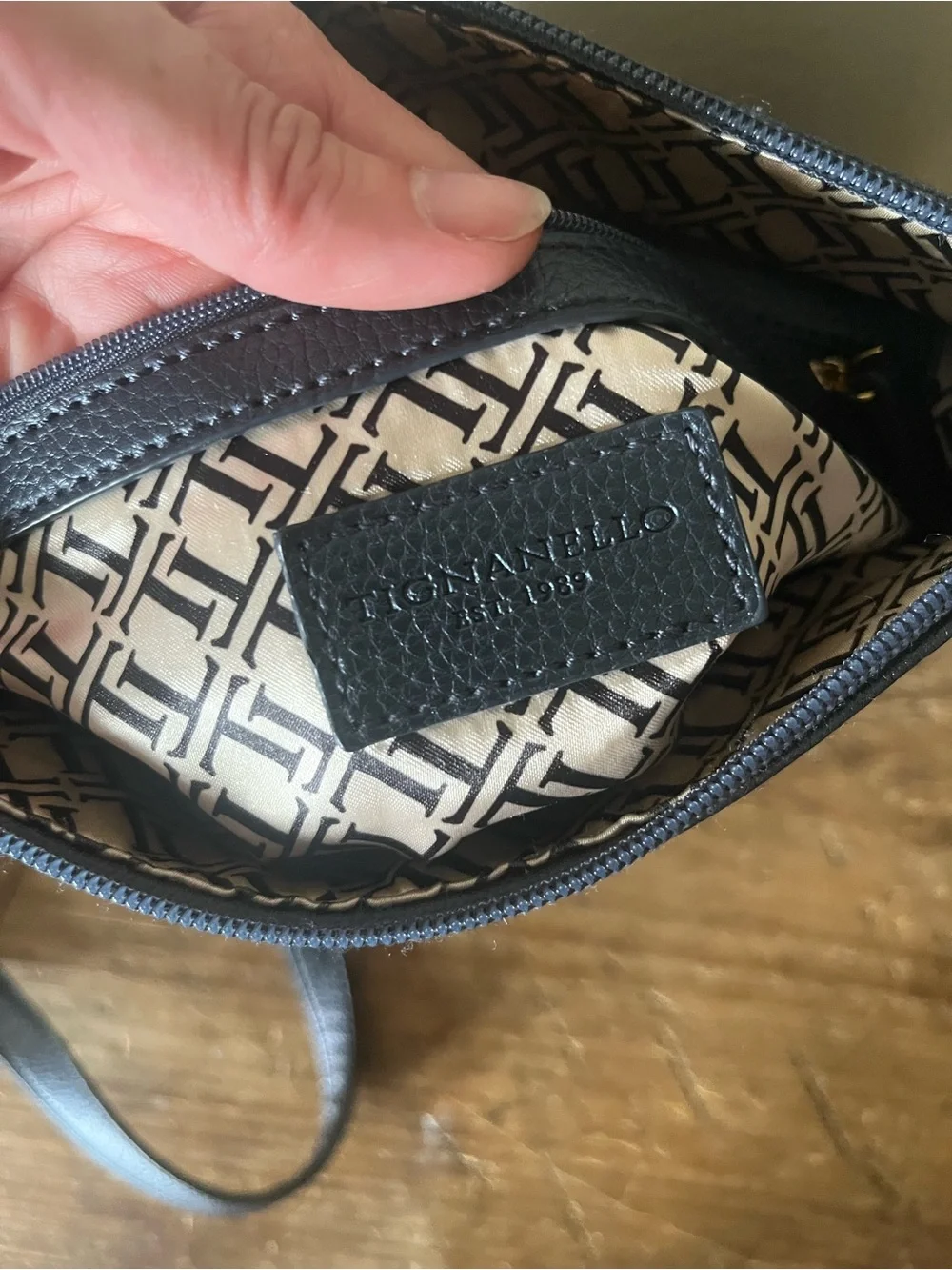 Tignanello Leather Metallic Dark Blue Crossbody with Gold Accents